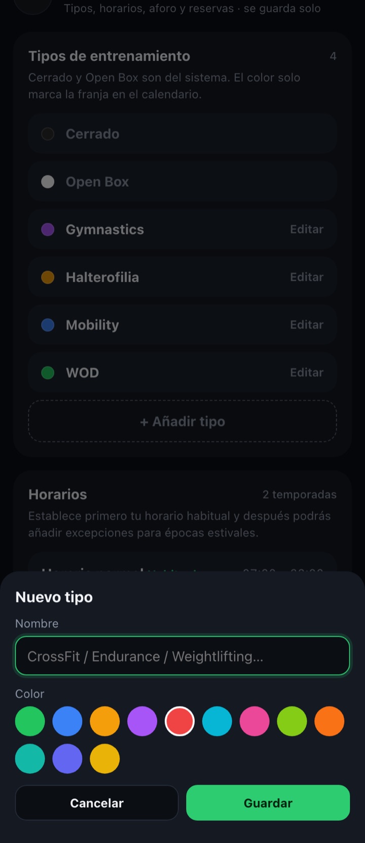 Foglio "Nuovo tipo": nome e colore.