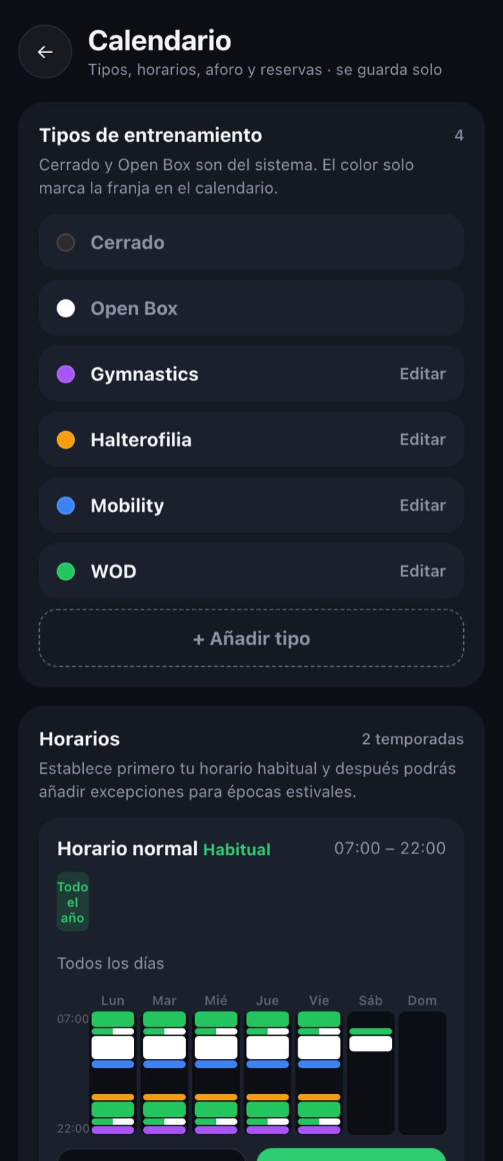 Elenco dei tipi con il loro colore.