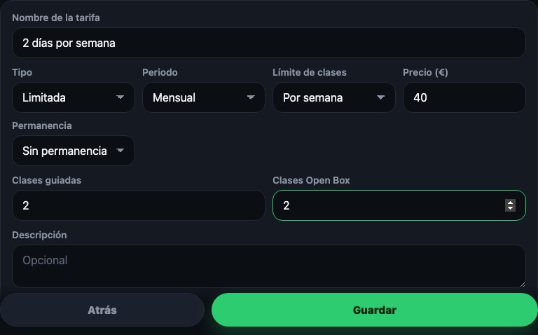 Tarif limité : deux cours encadrés et deux Open Box par semaine.