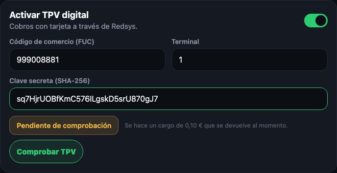 Bloc TPE avec les données Redsys et le bouton de vérification.