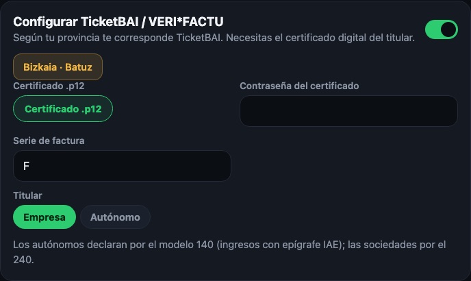 Facturation certifiée pour une box de Bizkaia.